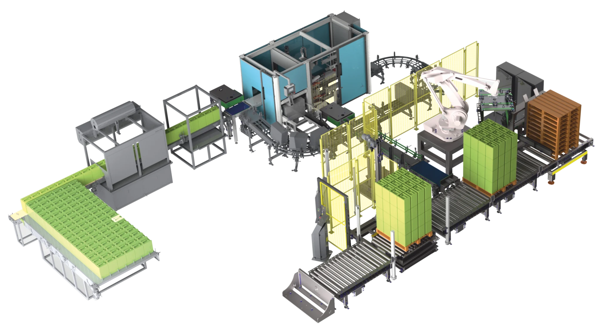 Robotic palletizing and stretch wrapping line