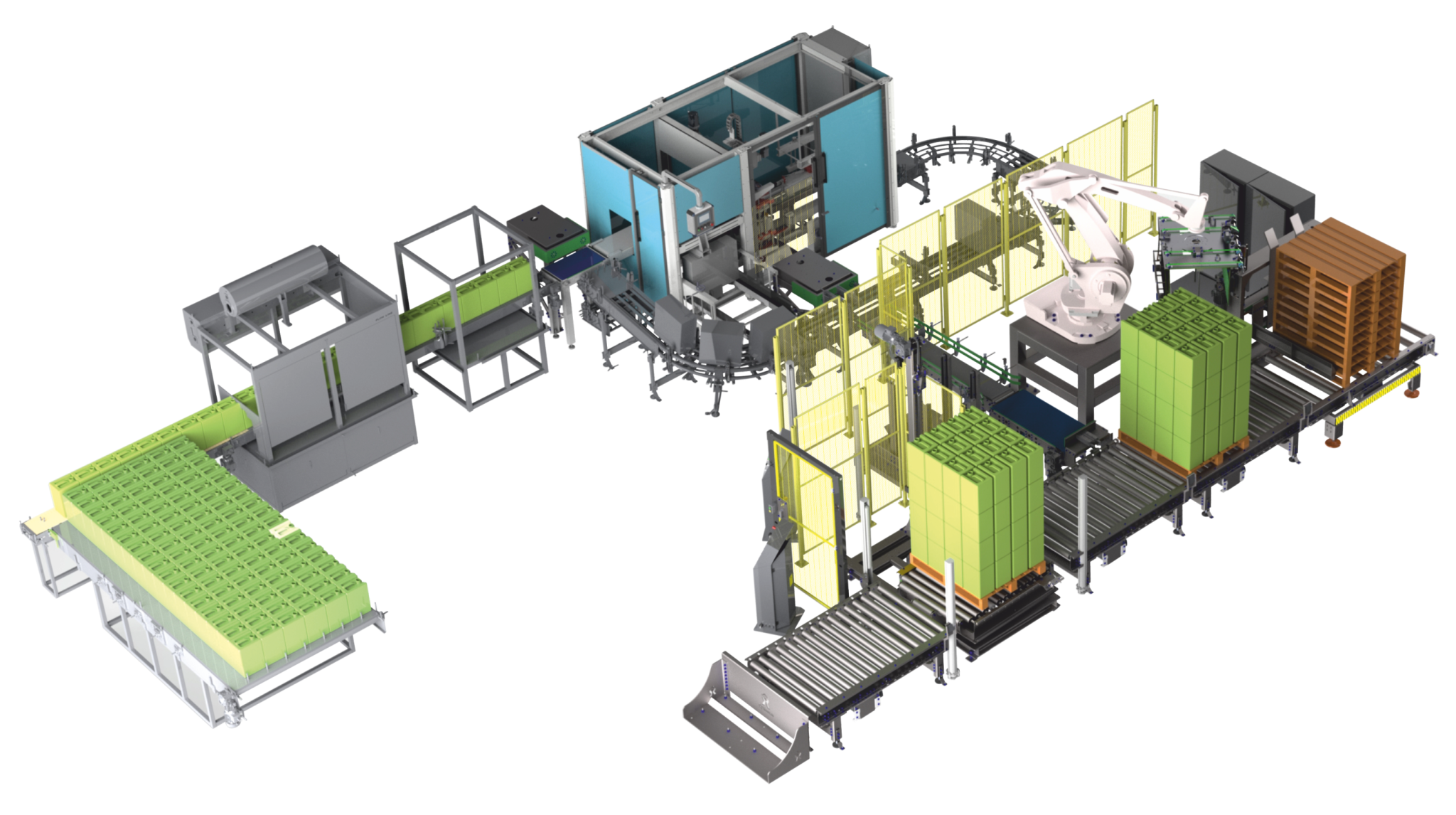 Integrated filling, case packing and palletizing line