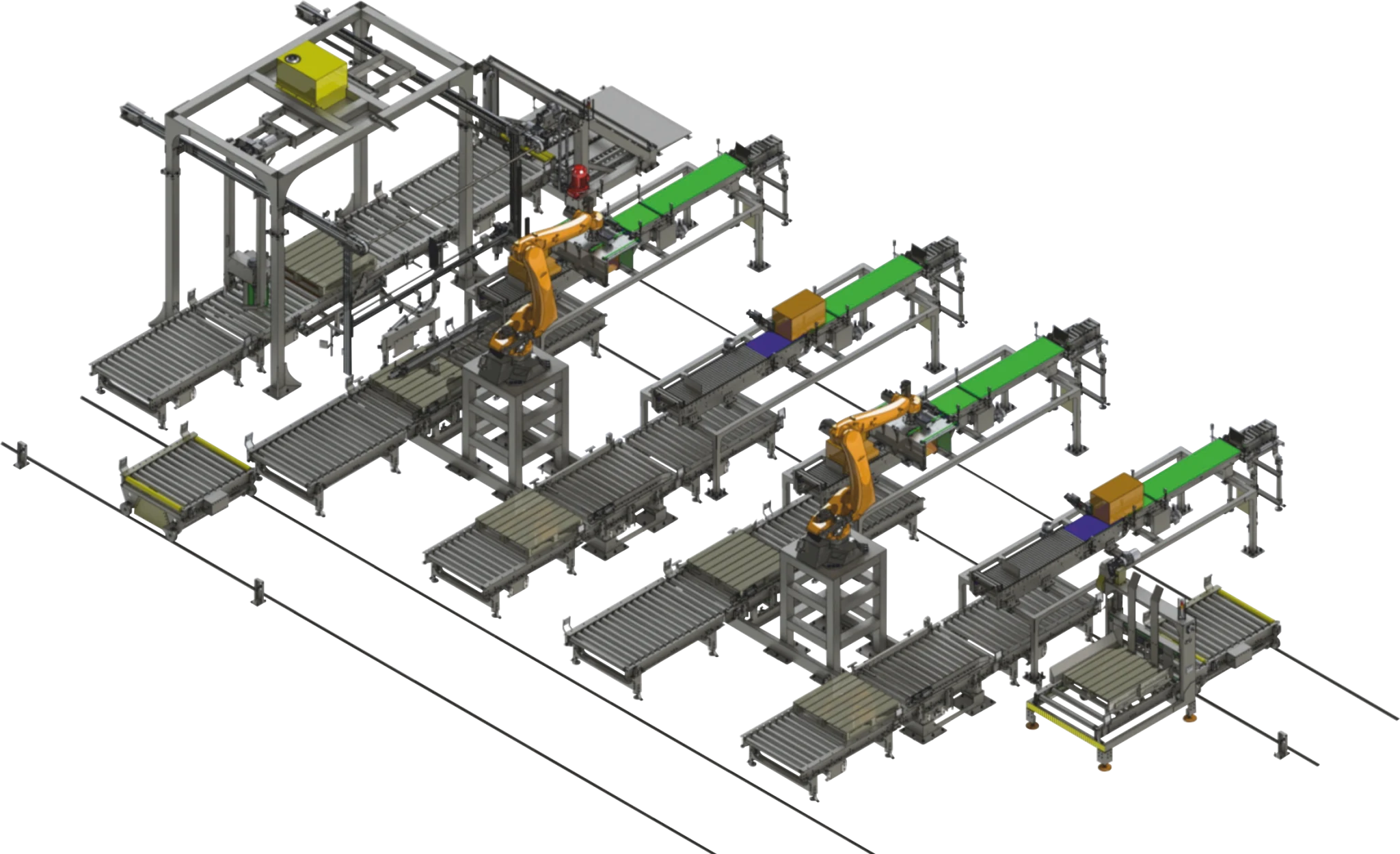 Multi-line pasta case packing and palletizing system with three robots